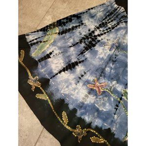 Forbidden Midi A Line Skirt Blue Black Tye Dye Floral Sequins Sz XL Boho Gypsy